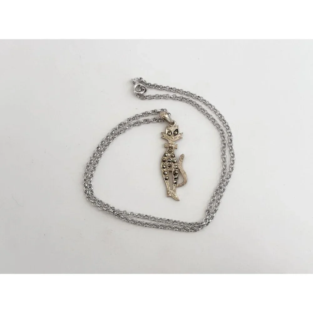 Art Deco Kitty Cat | Kitten Marcasite Sterling Silver Vintage Pendant Necklace